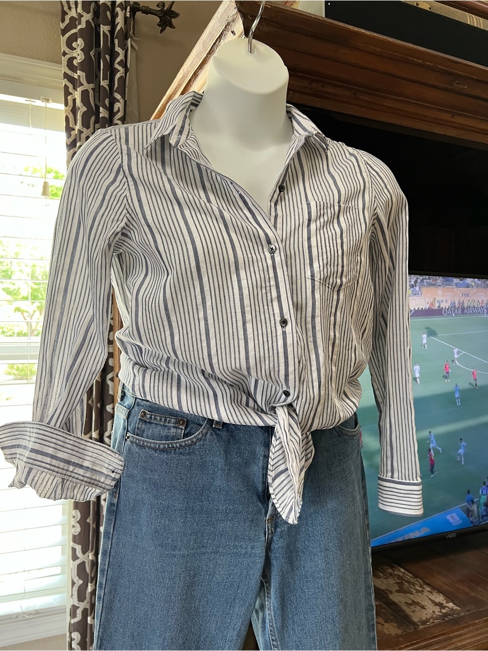 Madewell 100% Cotton Striped Tie-Front Button-Up Shirt - White & Navy M Medium
